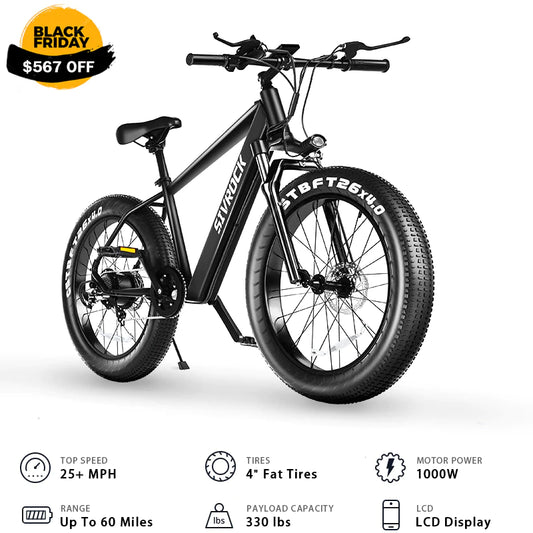 Professional 26 X 4.0 Inch Fat Tire Electric Bike - 1000W Motor 48V 15Ah - Black Friday Sale, Free Shipping & US Warehouse