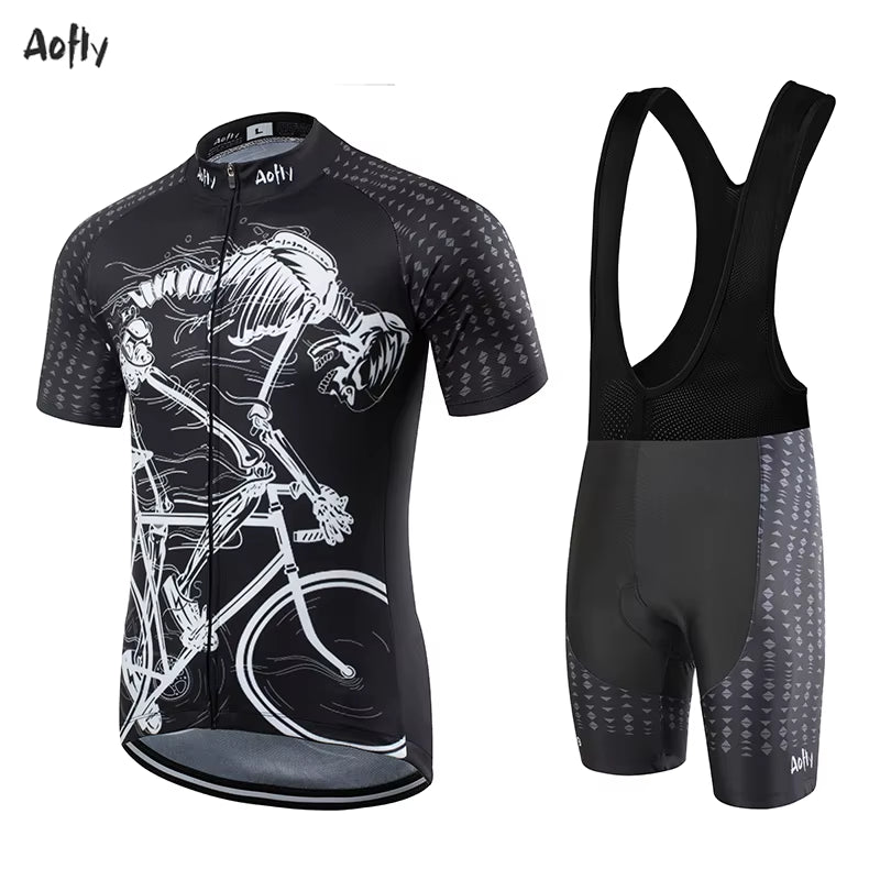 Team Cycling Jersey MTB Cycling Shorts Maillot Culotte Ciclismo Hombre Sleeve Tight Skeleton Pattern Man Bike Equipment